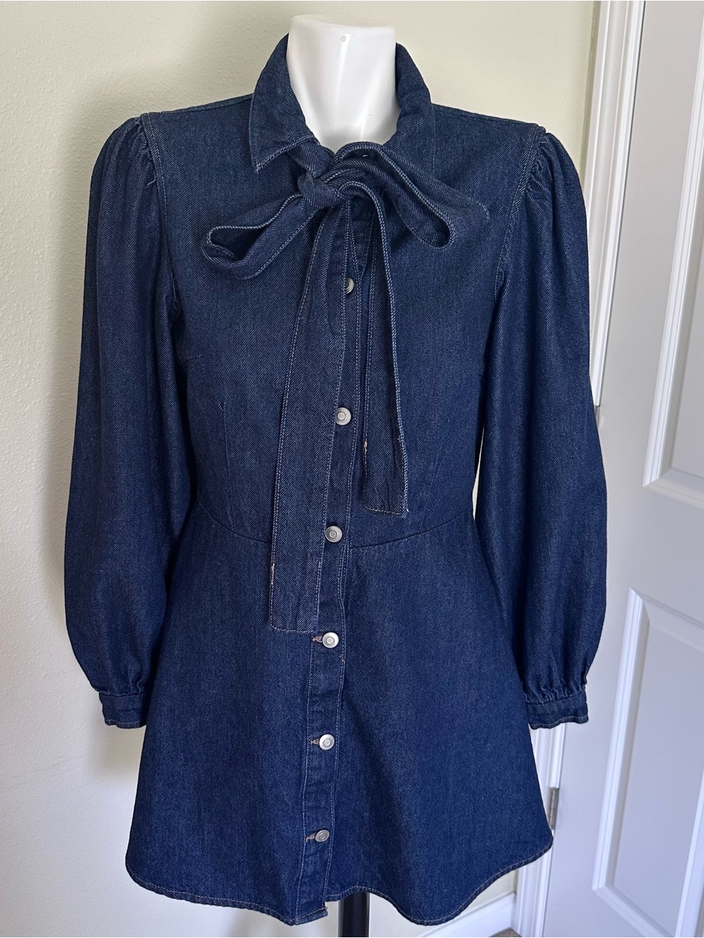 H&M Dark Blue Denim Tie-Neck Mini Dress